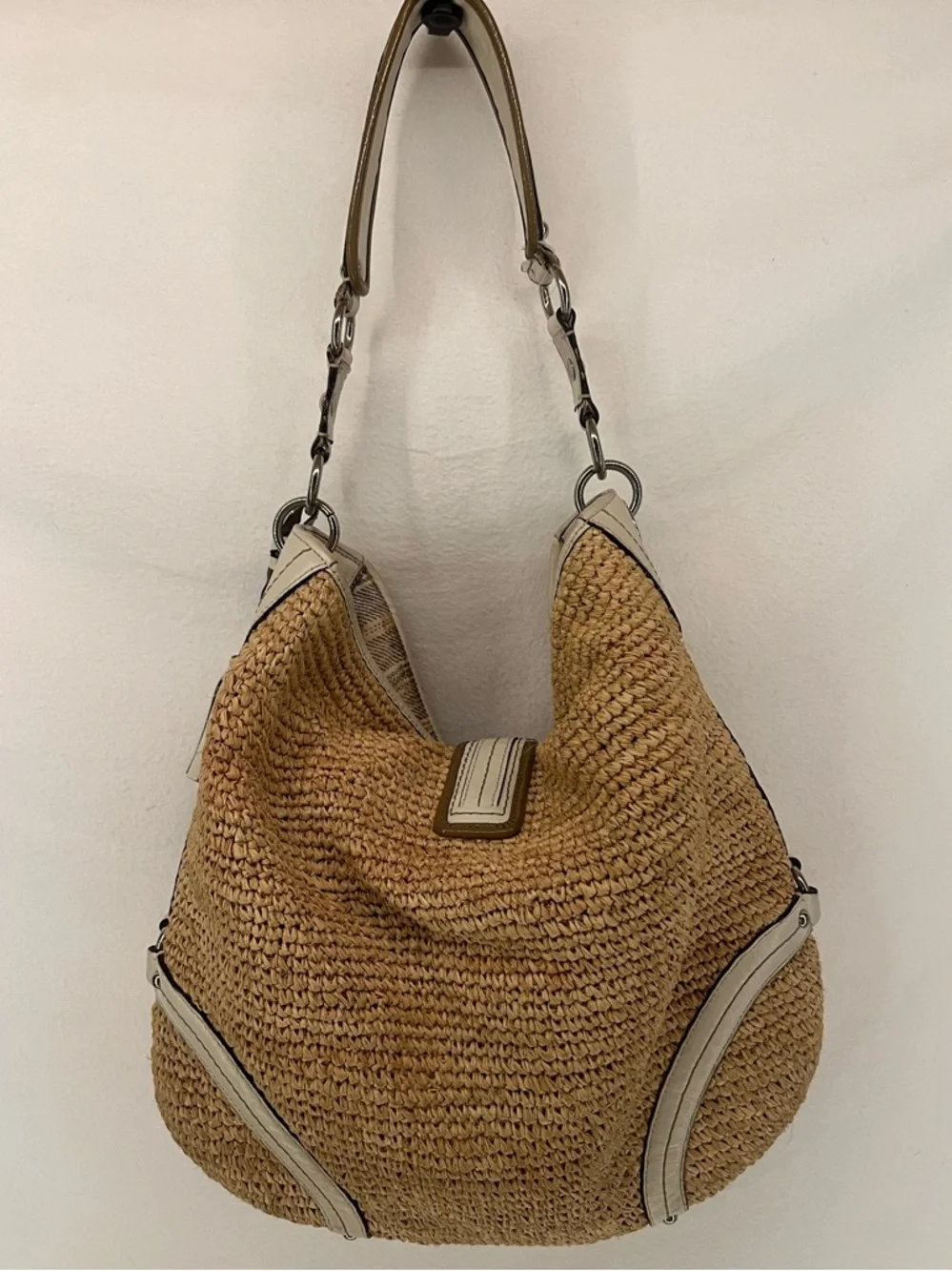 Vintage Y2K Coach Natural Straw White Leather Large Hobo Slouchy Shoulder Bag